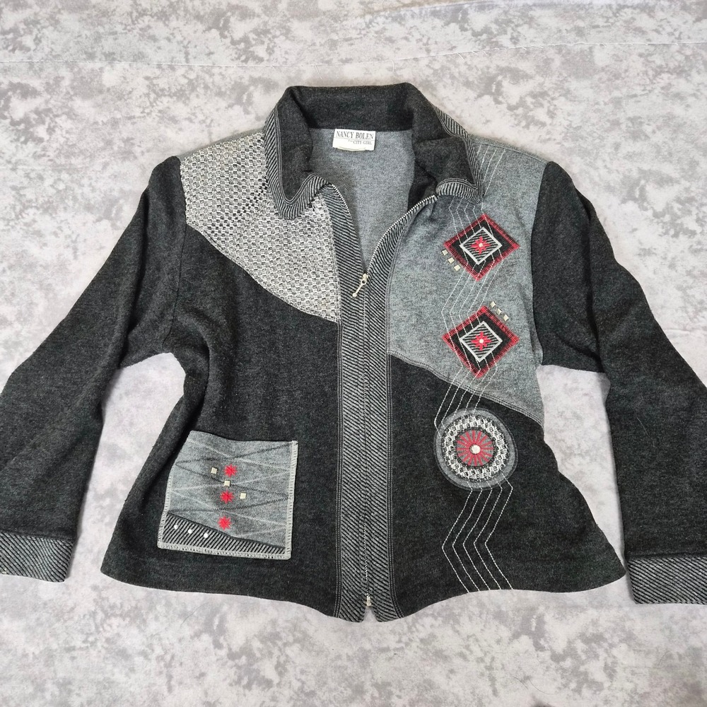 Vintage Nancy Bolen Patchwork Zip Jacket Women L Art to Wear Whimsigoth Twee